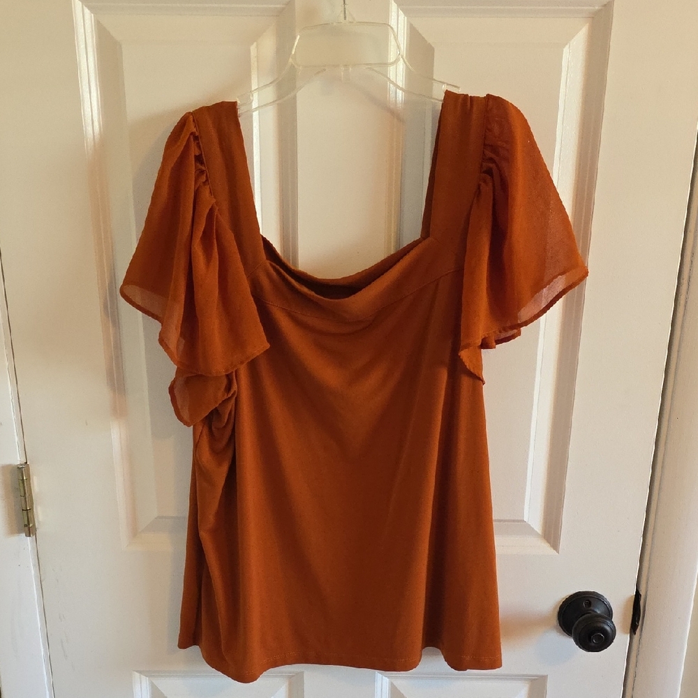 Chic Rust Ruffle Sleeve Blouse